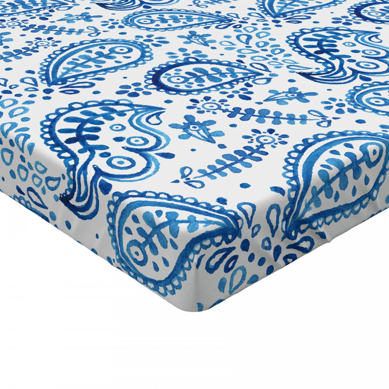 Queen White and Blue Paisley Microfiber Fitted Sheet