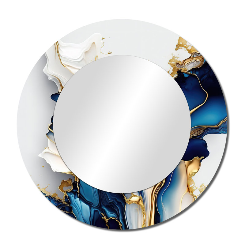 Storz Abstract Geode Gold And Blue Marble Shape III - Marble Mirror, Blue Round Decorative Wall Mirror, Printed Metal Art