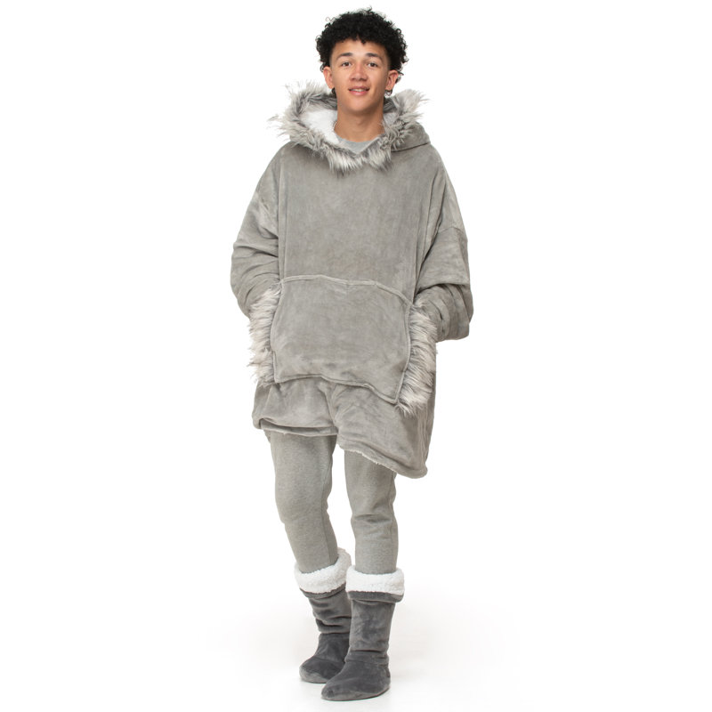 Aaleah Snug Oversize Hoodie Blanket Thermal Cosy Fur Trim With Pocket, Grey