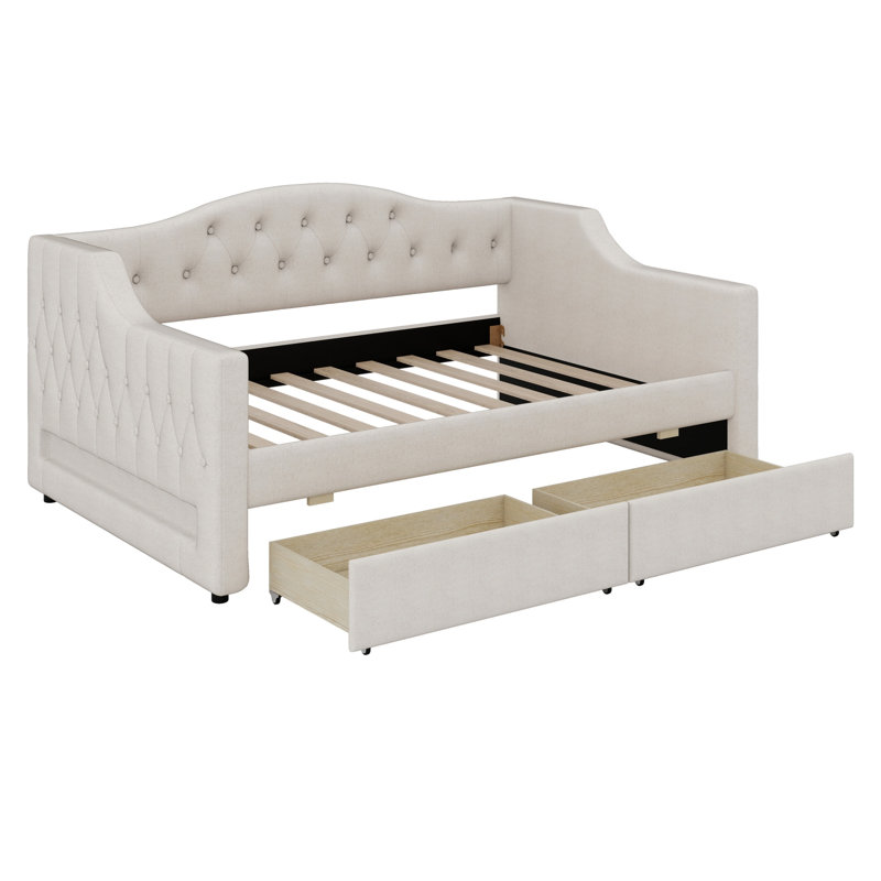 Comfortable Upholstered Daybed Frame, Intelligent LED Belt and Storage Drawers, Beige