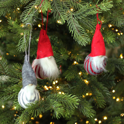 Set of 3 Decorative Red White and Grey Santa Gnome Hanging Christmas Ornaments 4.75"