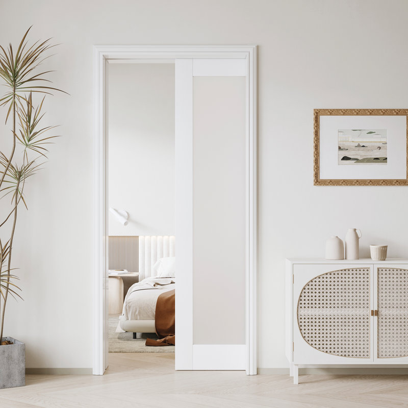 Frosted Glass 1-Lite Sliding Pocket Door White Standard Door with Hardware Kit Set, 36" x 80"