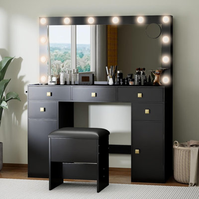 Makeup Vanity Desk,41”Large Mirror,12 Adjustable 3 Color LED Bulbs,5 Drawers,Suitable for Girls' Makeup Vanity,Black