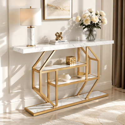 Table d'appoint 70,9 po, canapé doré moderne derrière le canapé avec rangement à 4 niveaux, table d'appoint en faux marbre blanc pour le salon, le couloir et l'entrée