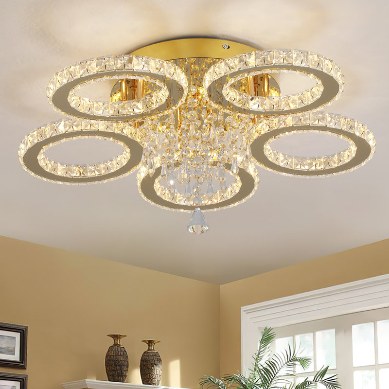 Luxury Ring LED Crystal Chandelier, Gold Finish And K9 Crystal Accents, 5 Lights, 3000 Kelvins-4500 Kelvins-6000 Kelvins, No