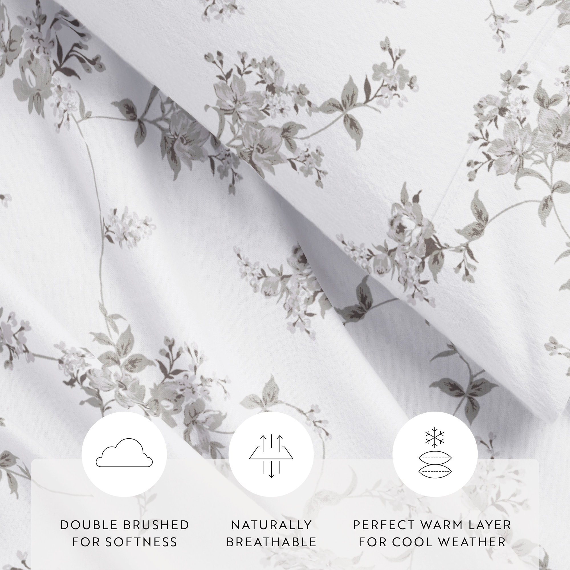 Riesel 100% Cotton Rose Bunch Pattern Flannel Sheet Set, Light Gray / Sylvan Rose, Full Sheet Set