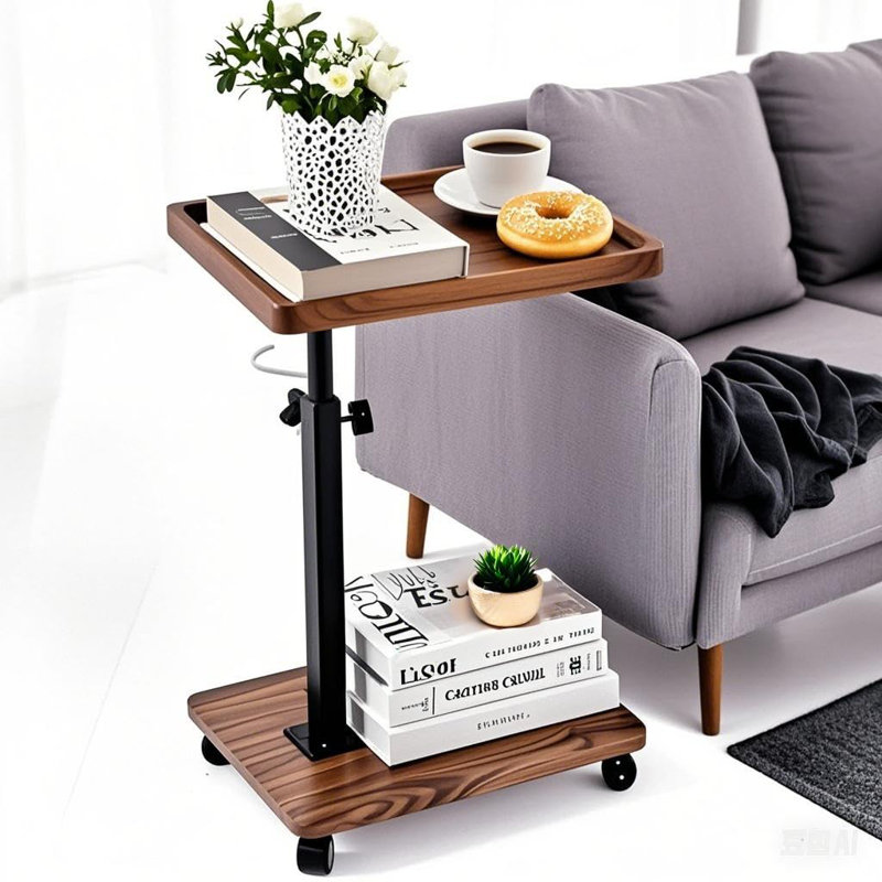 C Table End Table Adjustable Height,C Shaped End For Couch,Snack Tables,360°Swivel TV Tray Sofa Table,Tables That Slide Under,Coffee Sidetable, Walnut Color