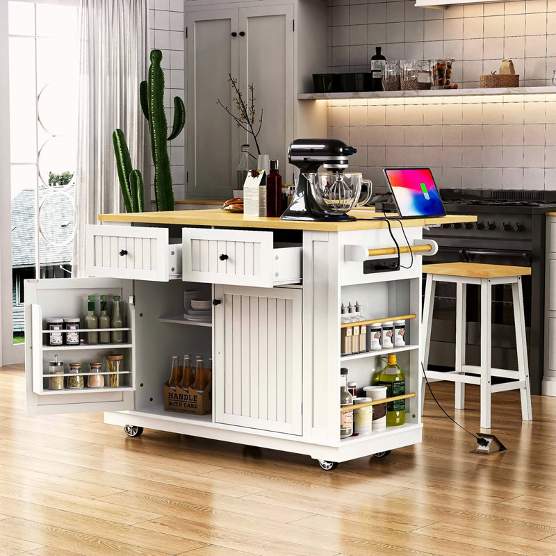 48 Inch Large Kitchen Island With Drop Leaf,Power Outlet,Internal Storage Rack,Rolling Kitchen Storage Cart On 5 Wheels With 5 Open Side Racks For Kitchen,Dining Room