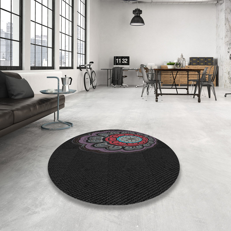 Tapis noir/mauve tissé à la machine, Rond 8 pi