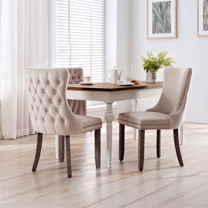 Upholstered Wing-Back Dining Chair With Backstitching Nailhead Trim And Solid Wood Legs, Beige Velvet