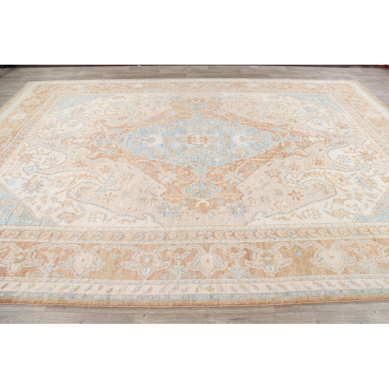 Tapis unique en laine noué à la main Oushak nouvel âge de 8 pi 8 po x 12 pi 5 po beige Avariella