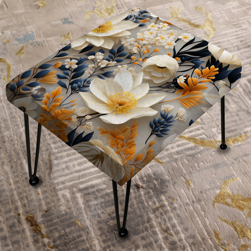 Dark Blue And White Allure Daffodil Pattern - Floral Rectangle Ottoman