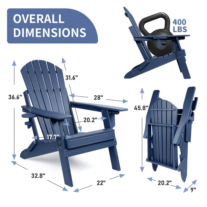 Plastic Folding Adirondack Chair with Adjustable Backrest, Navy