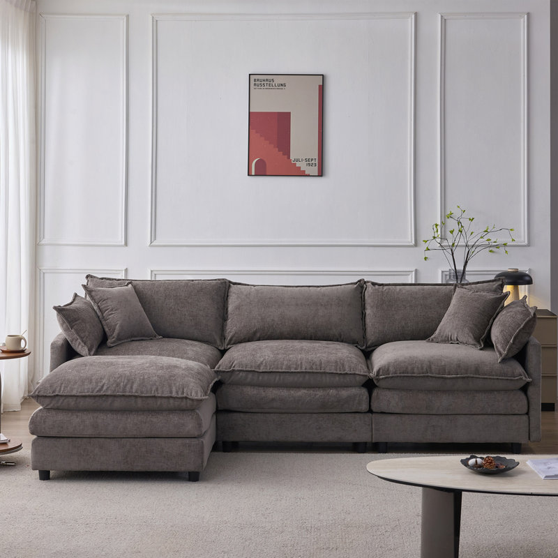Canapé modulaire de 105 po en tissu de chenille rembourré de 105 po avec canapé à 3 places et repose-pieds, Gris