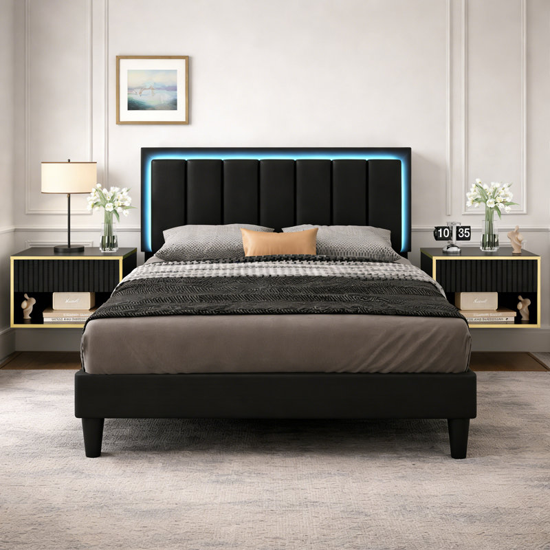 Ensemble de lit plateforme intelligent en cuir avec table de chevet moderne flottante 2 pièces Smart Suite, Double