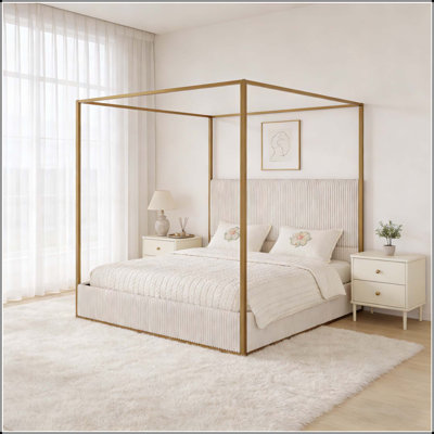 Metal Canopy Bed with Tall Corduroy Upholstered Headboard and Four Poster