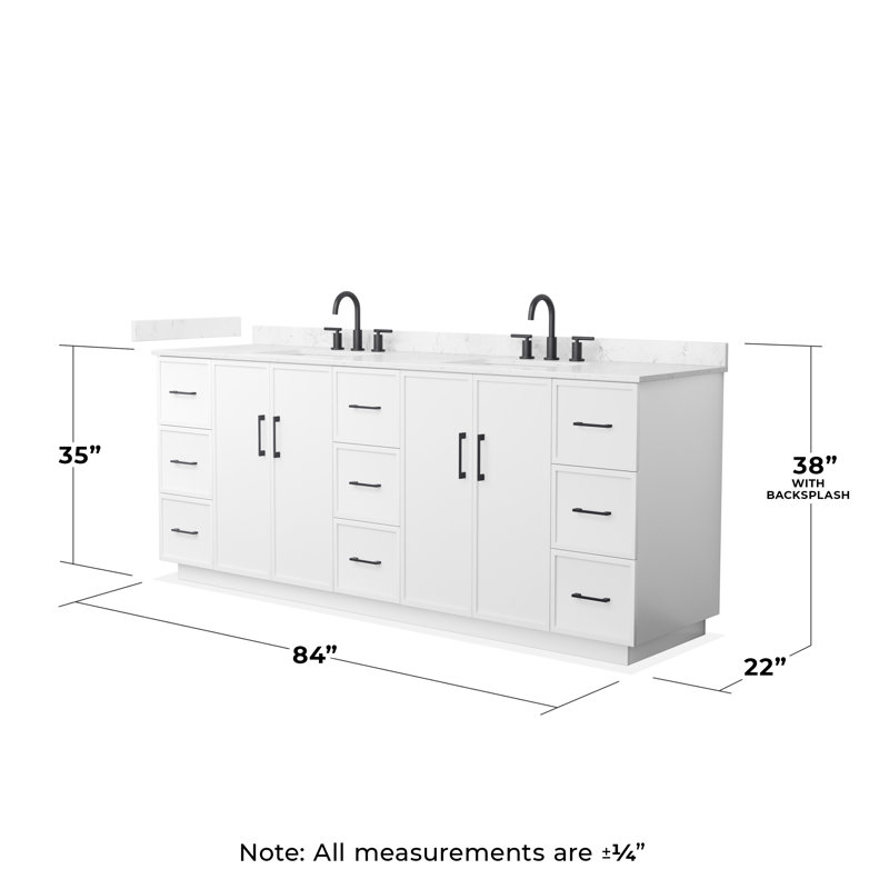 Ensemble de meuble-lavabo double 84 po Elan, Blanc avec garniture noir mat, Comptoir en marbre de culture de Carrare
