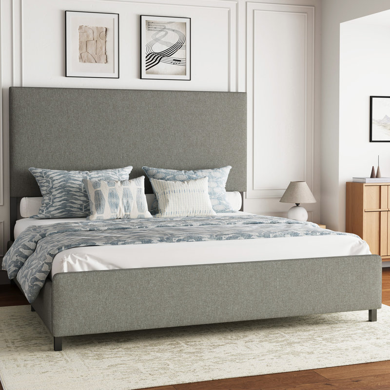 Lit plateforme tapissier avec tête de lit à panneau moderne, Gris, Grand lit