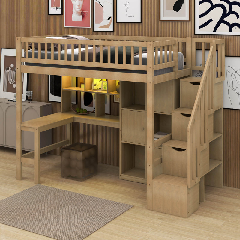 Lit mezzanine simple avec bureau intégré, DEL, tablettes de rangement, armoires et escalier, Noyer
