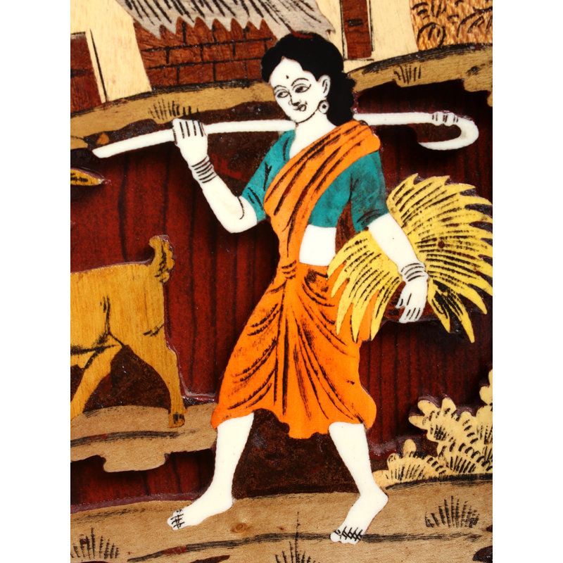 30 "Busy Day, vue champêtre, incrustation 3D, couleur naturelle sur panneau de bois - Art mural traditionnel indien traditionnel