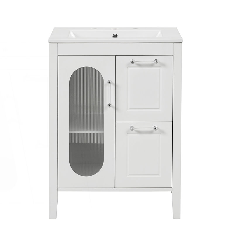 Meuble-lavabo avec lavabo, meuble-lavabo avec deux tiroirs et porte, Blanc