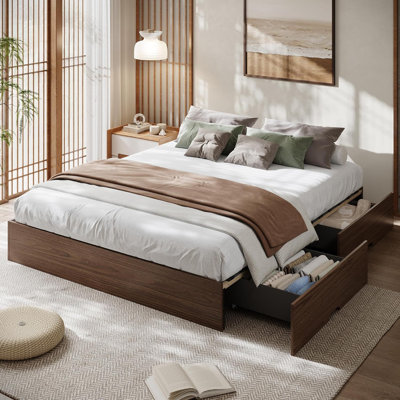 Queen Size Wood Platform Bed Frame with 2 Storage Drawers, No Headboard, Wood Slat Support, No Box Spring Needed, Easy Assembly