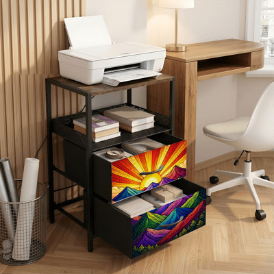 Table de chevet avec station de charge, table de nuit à 2 tiroirs avec ports USB et prises électriques, étagère ouverte, table de chevet noire pour chambre ou salon, imprimé abstrait coloré de paysage de montagne avec lever de soleil éclatant