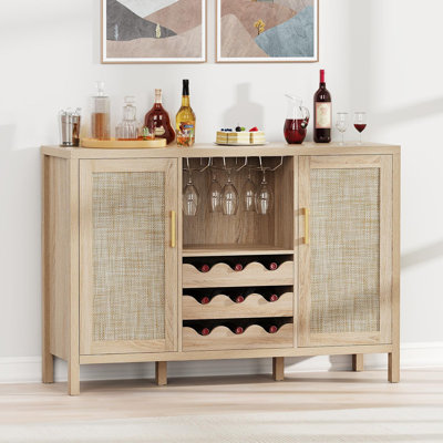 Rattan Wine Bar Cabinet with Glass Holder and Drawer Style Wine Racks by Bay Isle Home