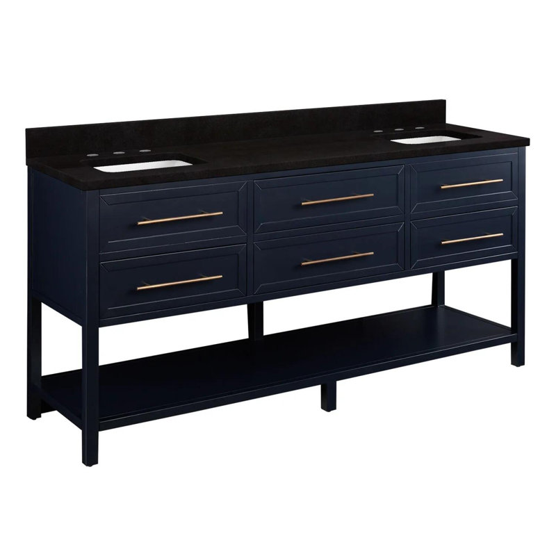 72" Robertson Double Bathroom Vanity Set with Rectangular Undermount Sinks, 8" Widespread, Feathered White Quartz, Black