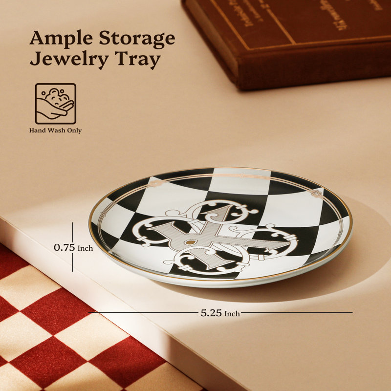 Ensemble de 1 plateau à bijoux 5,25 pouces à carreaux noirs monogrammés «K»