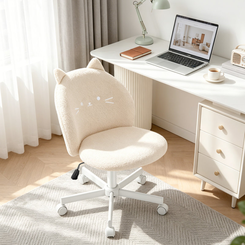 Cute Cat Task Chair with Faux Fur Upholstery, Swivel Vanity Chair for Small Spaces, Beige