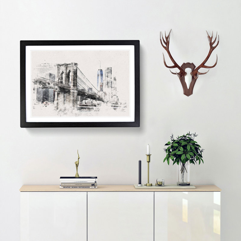 Brooklyn Bridge in New York - Picture Frame Graphic Art Print, Black Framed, 36cm H x 48cm W x 2cm D