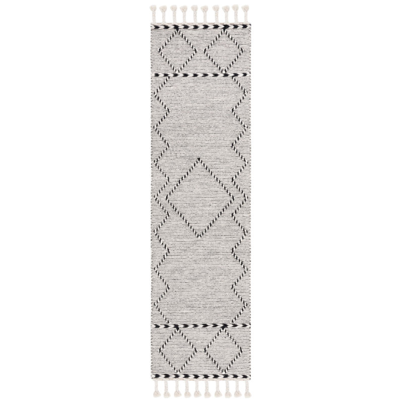 Tapis ivoire / noir fait à la main Dessiree, Tapis de couloir 2 pi 3 po x 8 pi