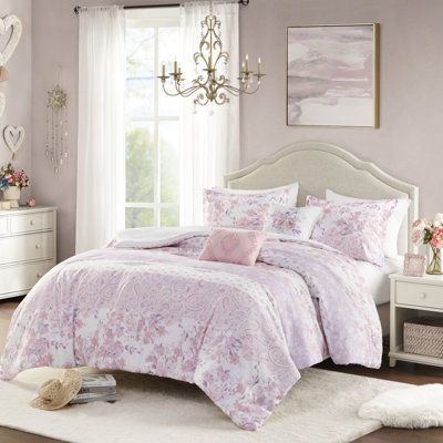 Lit double / grand avec édredon à motif cachemire floral romantique, 2 taies décoratives et coussins, édredon rose élégant / double, microfibre, coussin