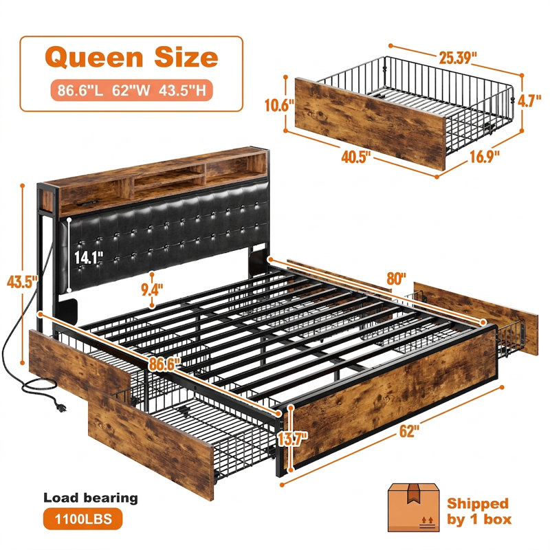 Udelle Bed Frame with 4 Storage Drawers, Upholstered Platform Bed with Headboard and Charging Station, Queen, No