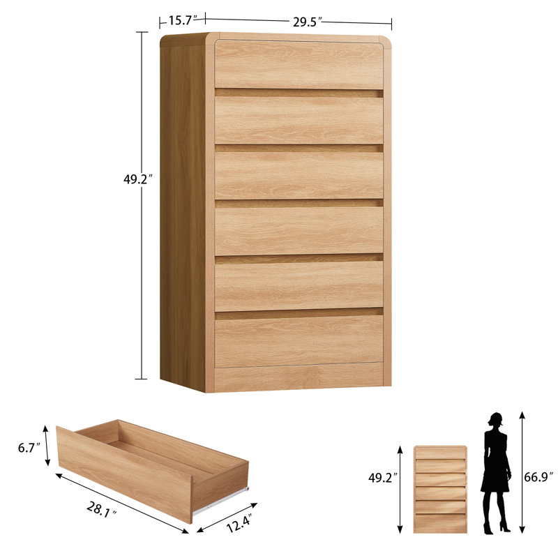49.2" Tall Dressers & Chest of Drawers with 6 Drawers, Wood Closet Storage Dressers Organizer for Bedroom, Living Room, Natural