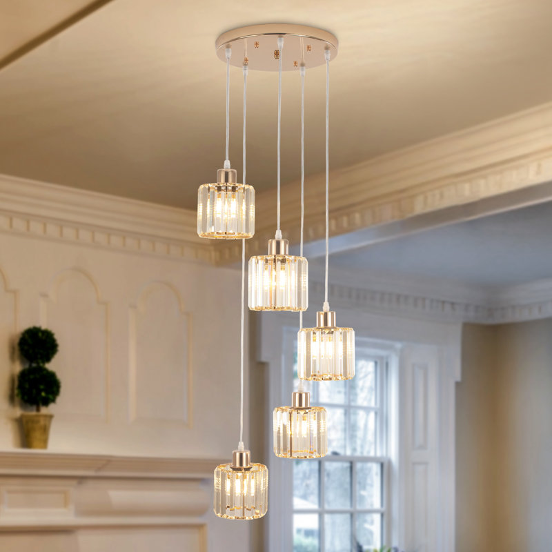 Lustre moderne en cristal à 5 lumières à intensité variable, Doré