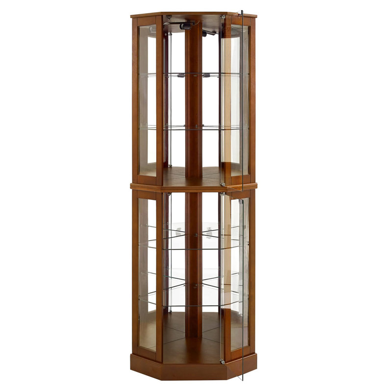 6 Shelf Curio Display Cabinet In Walnut, Lights & Mirrors, Adjustable Lights,, Walnut