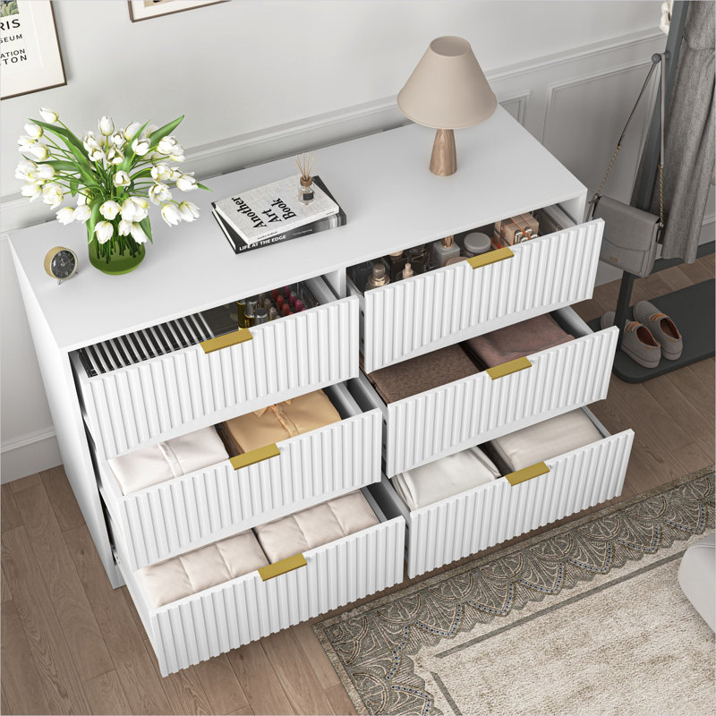 Commode moderne à motif ondulé avec 6 tiroirs spacieux en panneau de particules blanc pur, rangement polyvalent pour la chambre à coucher et les espaces de vie