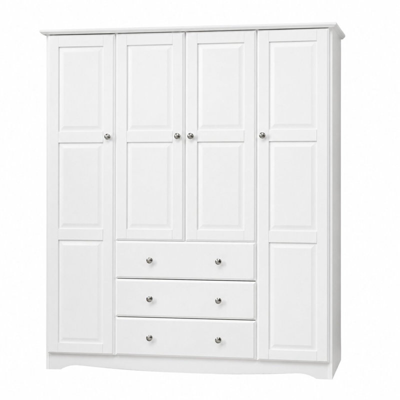 Armoire penderie 100% bois massif à 4 portes avec boutons en métal Mcclintock Musman Family, Blanc