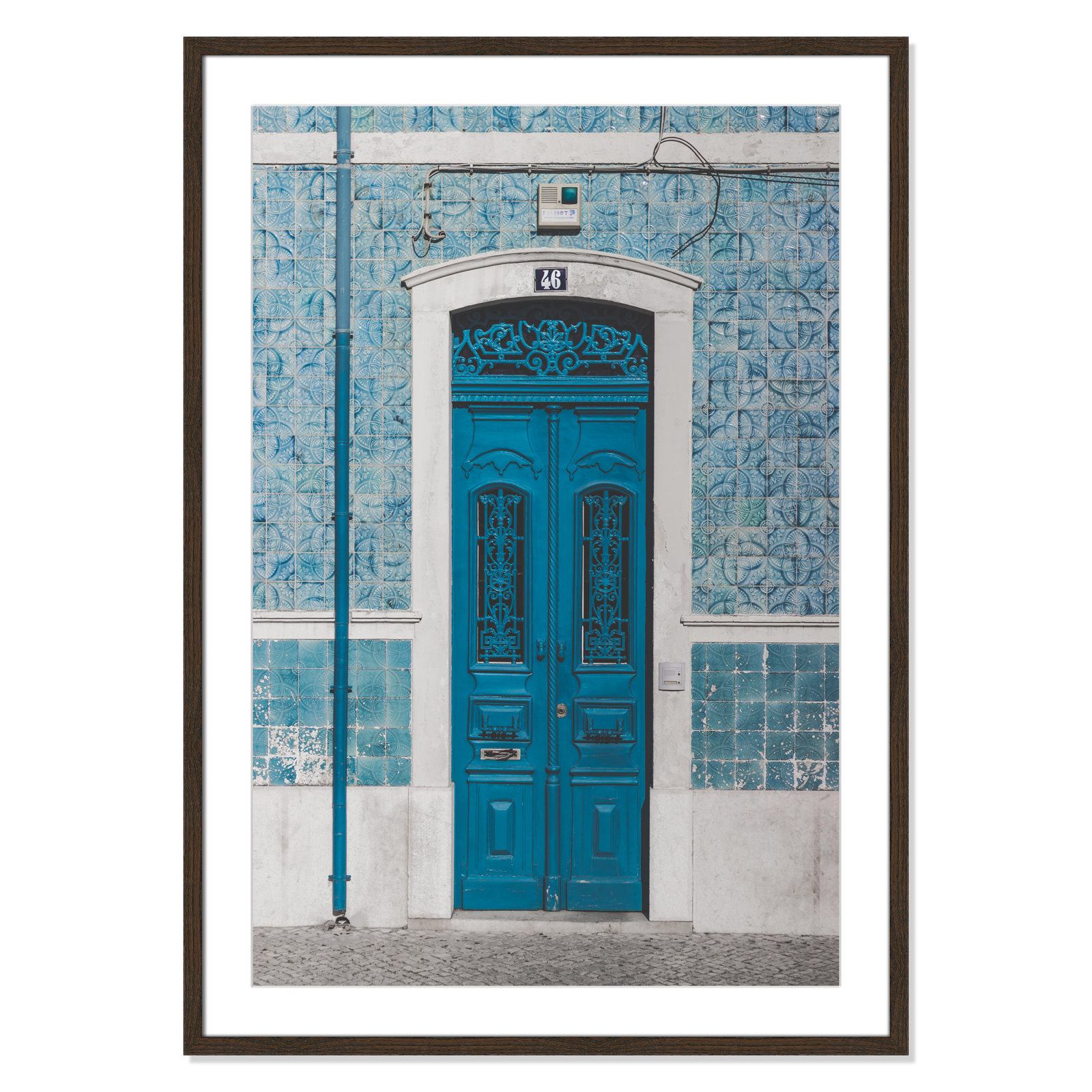 Blue Door of Caldas de Rainha Print, 41.5" H x 29.5" W x 0.75" D, Walnut