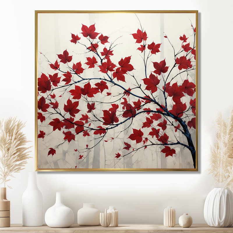 Red Leaves Scarlet Simplicity - feuilles, art mural encadré, Cadre flottant doré, H 44 po x l 44 po