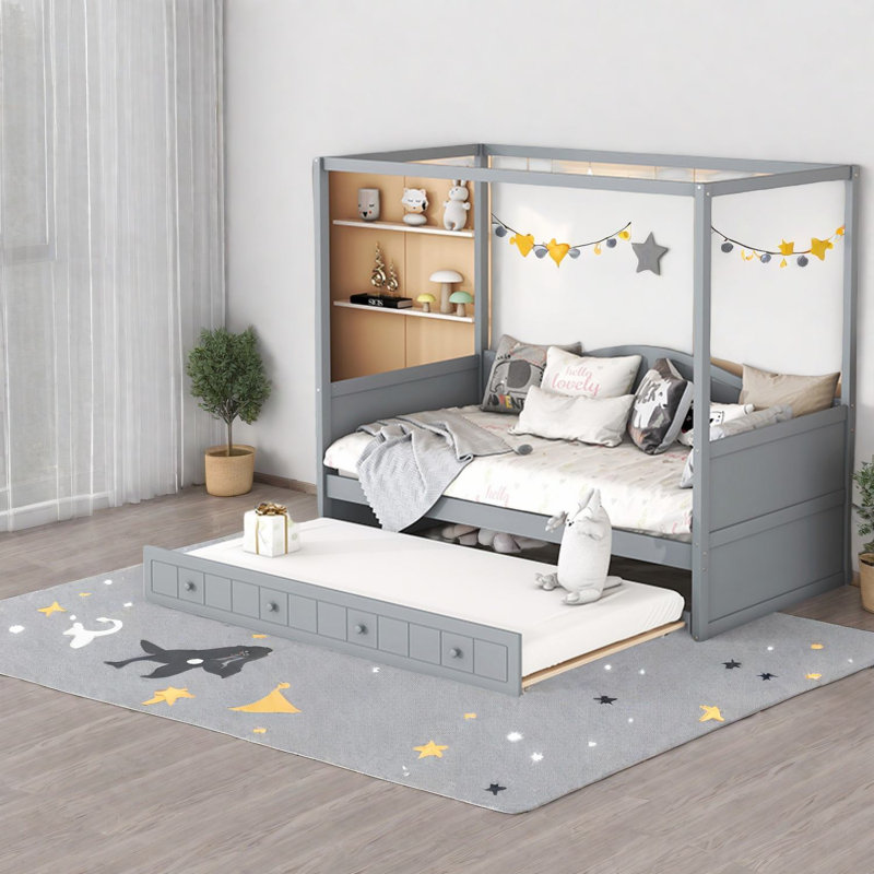 Modern Solid Wood Twin Canopy Bed With Trundle, Space-saving Design
