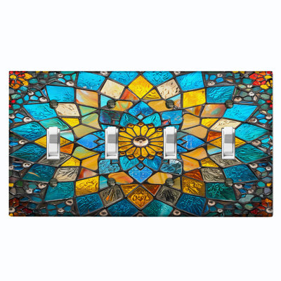 Couvercle de plaque d'interrupteur en métal; Bascule de taille standard 2 US - image imprimée d'une fleur de mosaïque en vitrail