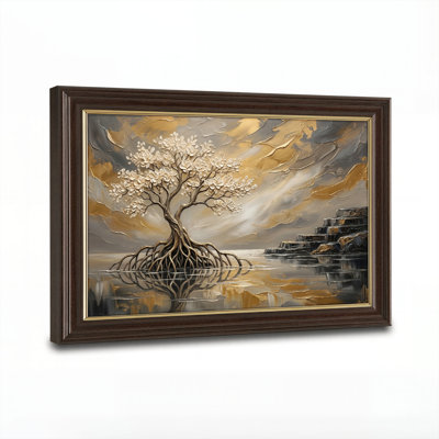 Art mural antique sur toile encadré doré pour le salon, la chambre à coucher, le bureau ou le vestibule - Décoration murale décorative avec reflet d'arbre