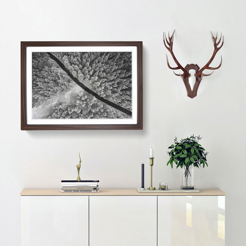 Road Through the Winter Forest - Picture Frame Graphic Art Print, 60cm H x 91cm W x 2cm D, Walnut