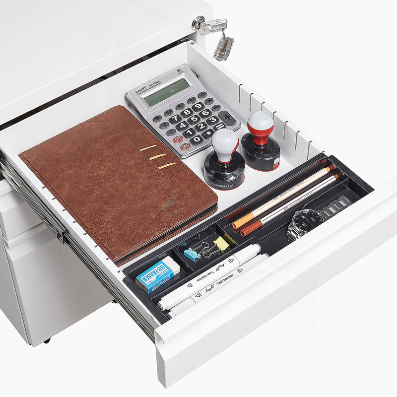 Classeur de bureau, classeur mobile à 3 tiroirs avec serrure, Blanc