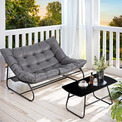 Outdoor Metal Loveseat Sofa with Tempered Glass Coffee Table and Cushion