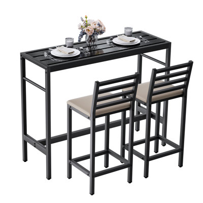 Ensemble de bar d'extérieur 3 pièces, table rectangulaire à hauteur de comptoir de 50 po et 2 tabourets en métal rembourrés de 41 po, table de bar et chaises pour le bord de la piscine, le balcon et la cour