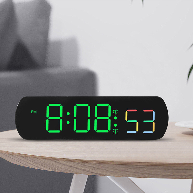 Digital Alarm Clock, Battery Powered Bedside Clock with LED Large Display, Voice Control, Count Down Timer, Temperature, Date, 12/24H, USB Port for Bedroom, Office, 16.6x2.5x4.7Cm